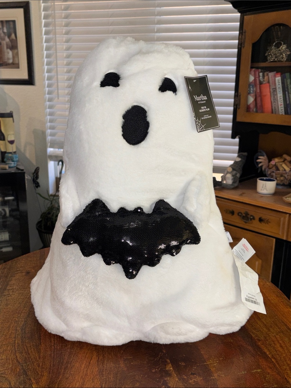 NWT Martha Stewart White Plush Ghost with Black Sequin Bat Pillow